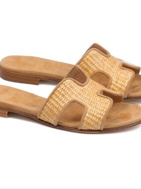 MARINA St Barth Holly Italian Leather Raffia Flat Slide Sandal Size 37/6.5